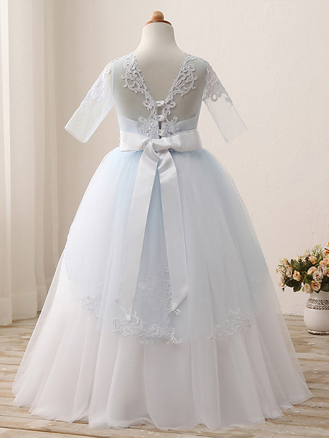 Short Sleeve Jewel Neck Flower Girl Dresses with Lace Tulle Appliques Crystals and Rhinestones-BallBride