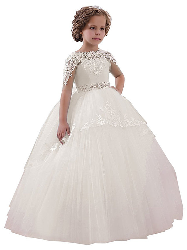 Short Sleeve Jewel Neck Flower Girl Dresses with Lace Tulle Appliques Crystals and Rhinestones-BallBride
