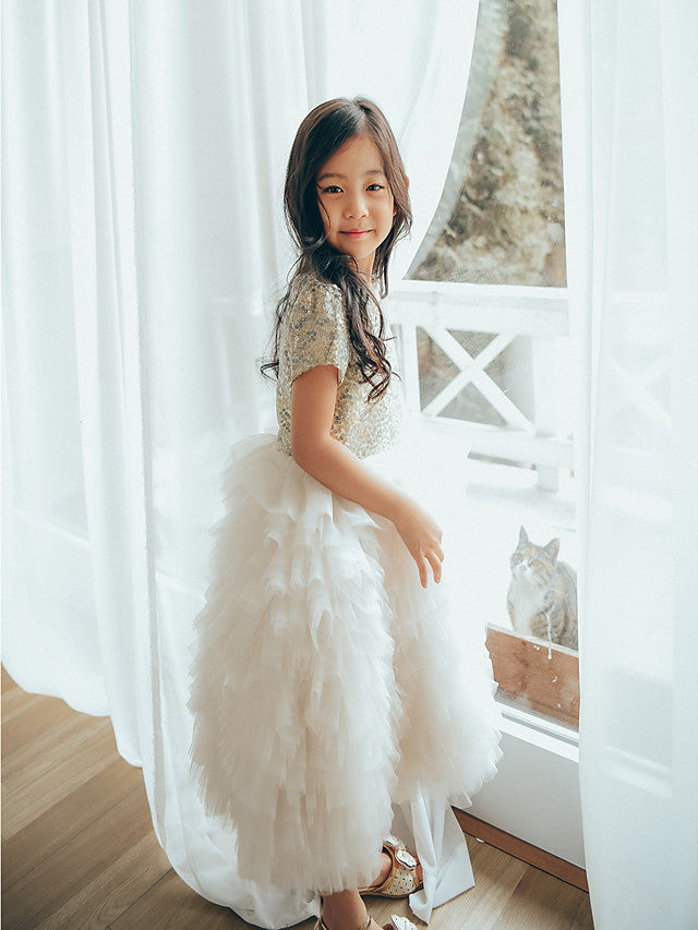 Short Sleeve Jewel Neck Flower Girl Dresses with Tulle & Paillette Sequins-BallBride