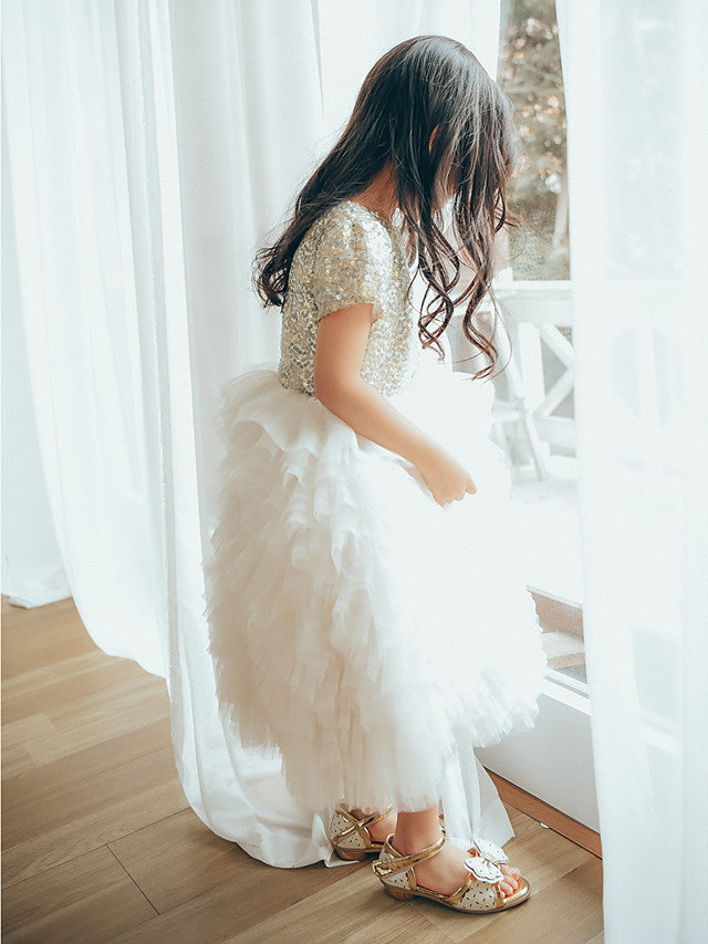 Short Sleeve Jewel Neck Flower Girl Dresses with Tulle & Paillette Sequins-BallBride