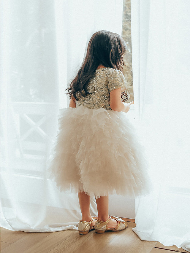 Short Sleeve Jewel Neck Flower Girl Dresses with Tulle & Paillette Sequins-BallBride