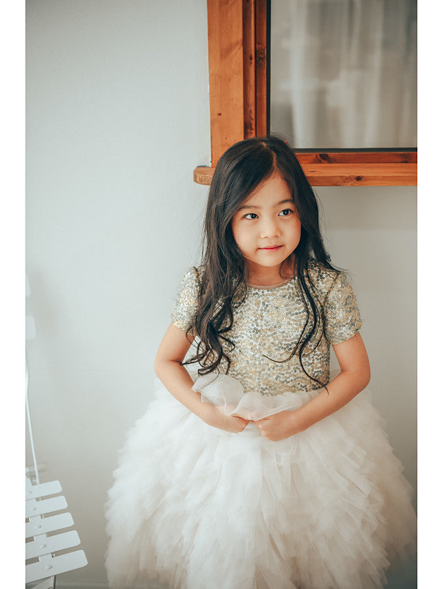 Short Sleeve Jewel Neck Flower Girl Dresses with Tulle & Paillette Sequins-BallBride