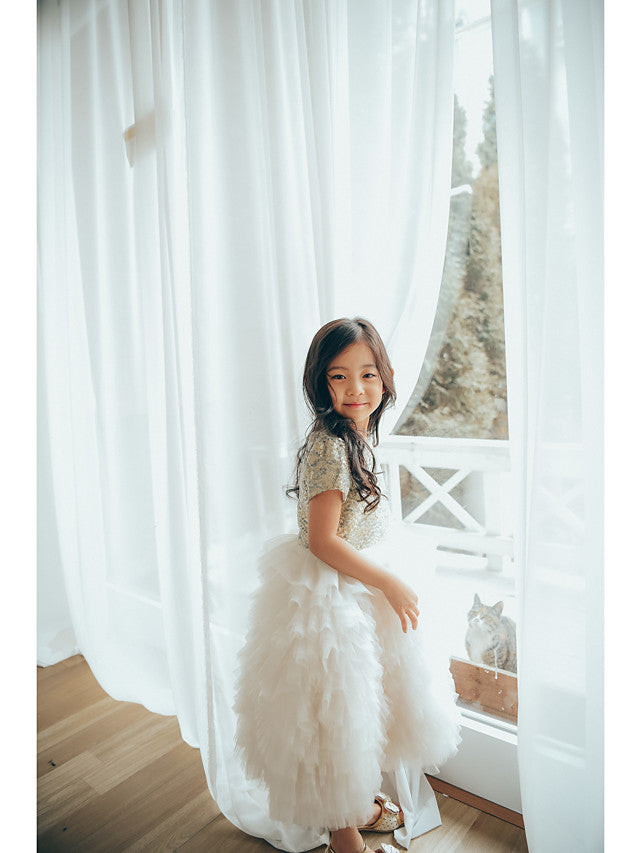 Short Sleeve Jewel Neck Flower Girl Dresses with Tulle & Paillette Sequins-BallBride