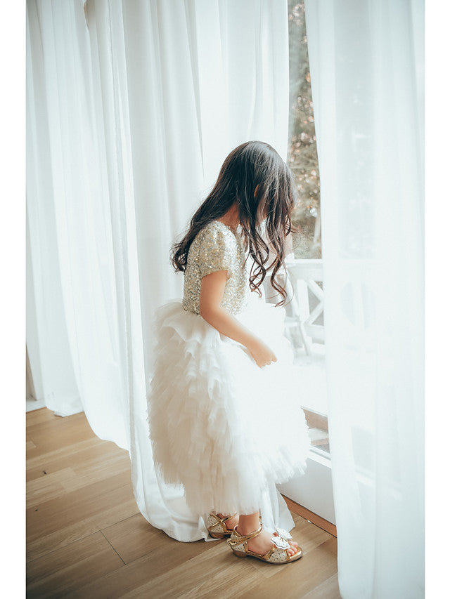 Short Sleeve Jewel Neck Flower Girl Dresses with Tulle & Paillette Sequins-BallBride