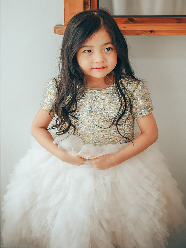 Short Sleeve Jewel Neck Flower Girl Dresses with Tulle & Paillette Sequins-BallBride