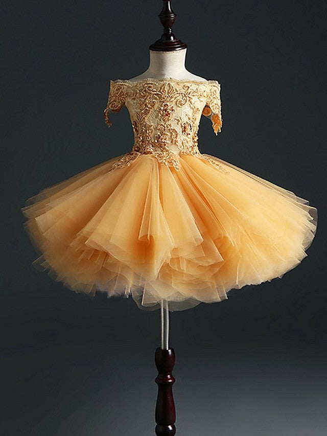 Short Sleeve Off Shoulder Flower Girl Dress With Appliques-BallBride