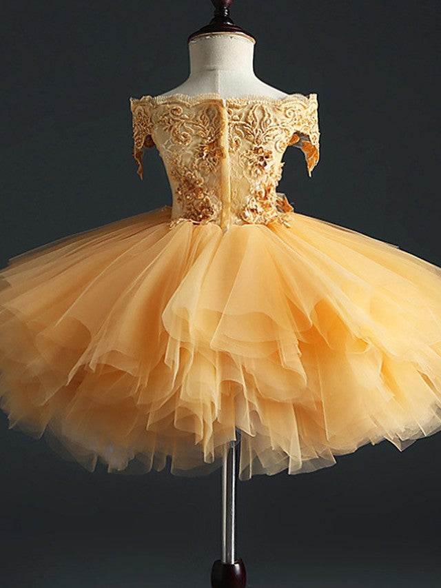 Short Sleeve Off Shoulder Flower Girl Dress With Appliques-BallBride
