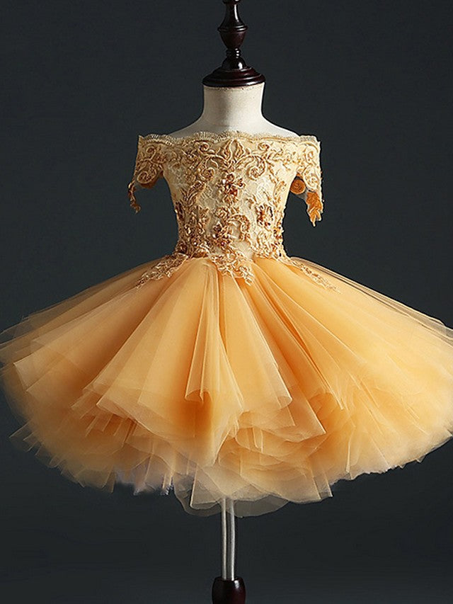 Short Sleeve Off Shoulder Flower Girl Dress With Appliques-BallBride
