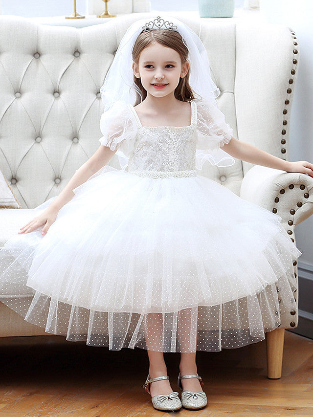 Short Sleeve Square Neck Ball Gown With Cascading Ruffles - Flower Girl Dress Tulle-BallBride