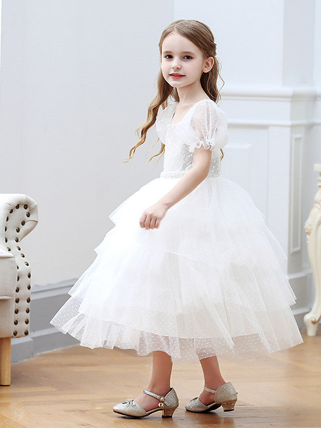 Short Sleeve Square Neck Ball Gown With Cascading Ruffles - Flower Girl Dress Tulle-BallBride