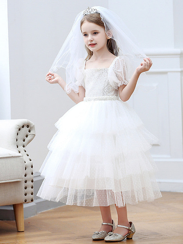 Short Sleeve Square Neck Ball Gown With Cascading Ruffles - Flower Girl Dress Tulle-BallBride