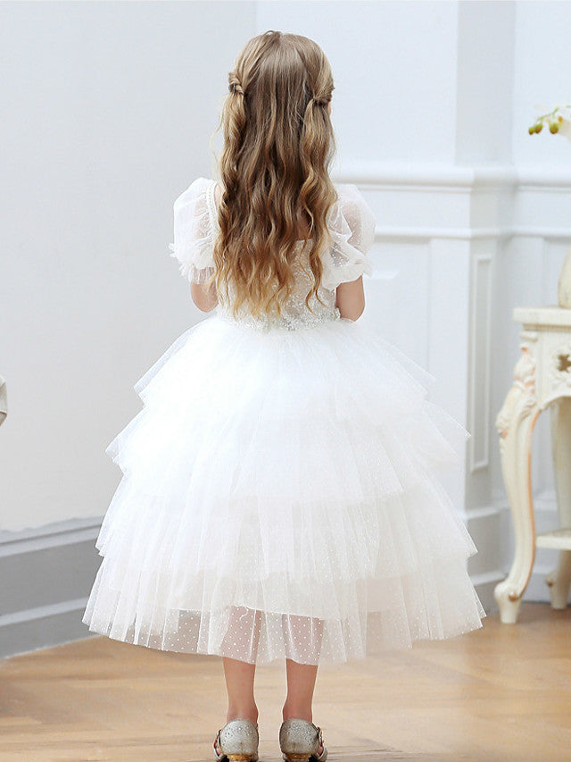 Short Sleeve Square Neck Ball Gown With Cascading Ruffles - Flower Girl Dress Tulle-BallBride