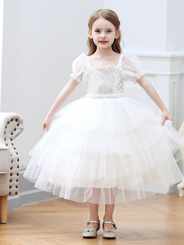 Short Sleeve Square Neck Ball Gown With Cascading Ruffles - Flower Girl Dress Tulle-BallBride