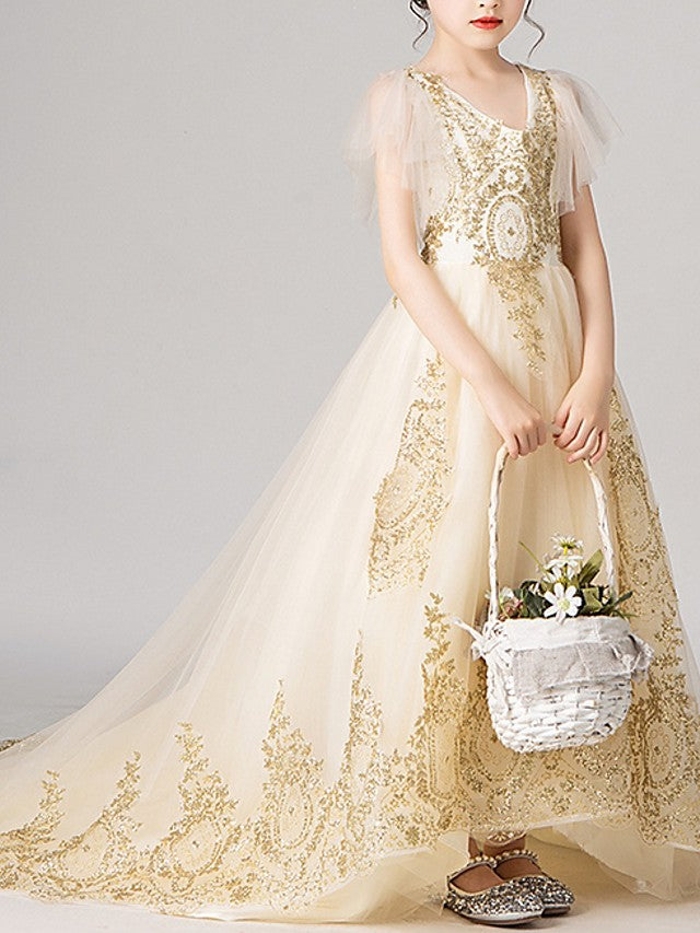 Short Sleeve V Neck Ball Gown with Appliques for Flower Girl Dress-BallBride