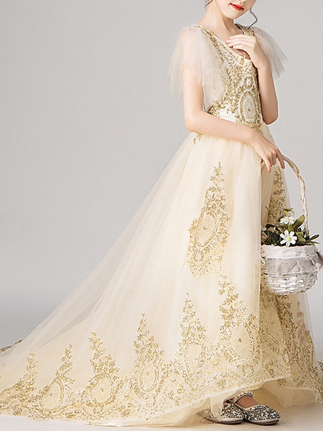 Short Sleeve V Neck Ball Gown with Appliques for Flower Girl Dress-BallBride