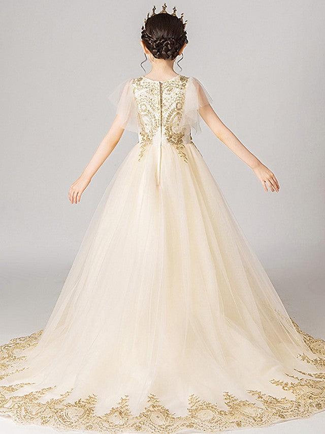 Short Sleeve V Neck Ball Gown with Appliques for Flower Girl Dress-BallBride