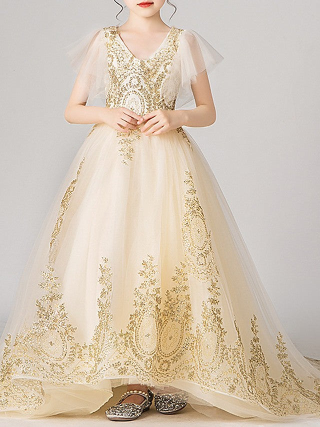 Short Sleeve V Neck Ball Gown with Appliques for Flower Girl Dress-BallBride
