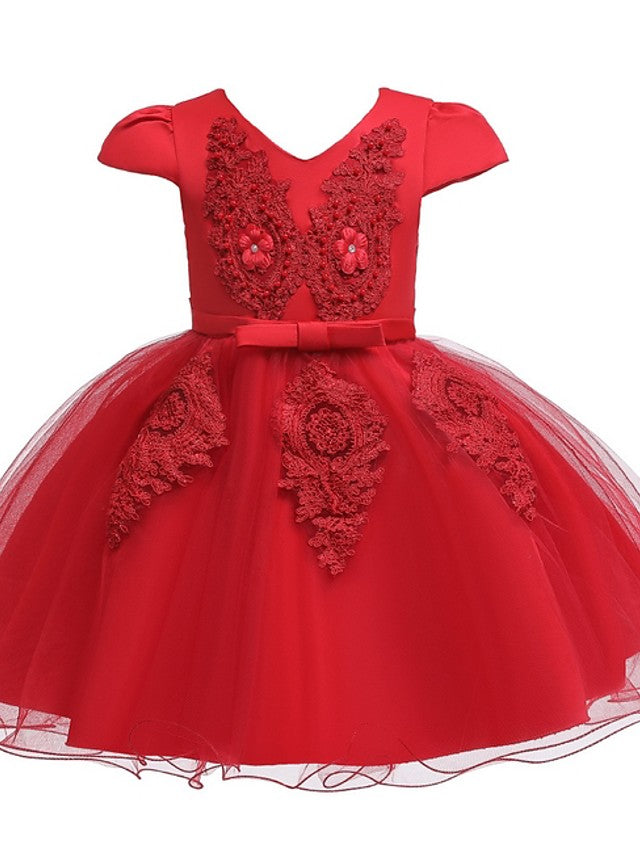 Short Sleeve V Neck Flower Girl Dresses with Tulle Sash Ribbon and Bow Appliques-BallBride