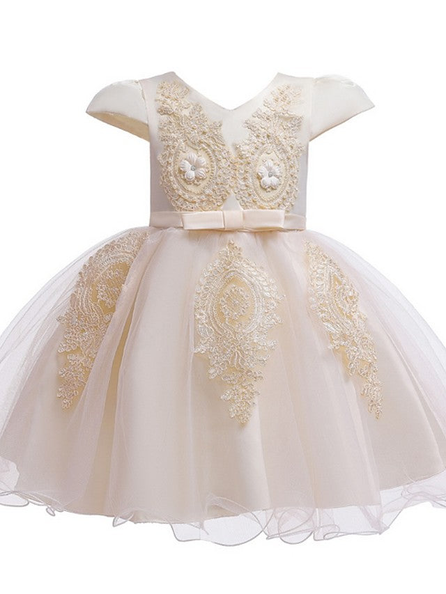 Short Sleeve V Neck Flower Girl Dresses with Tulle Sash Ribbon and Bow Appliques-BallBride