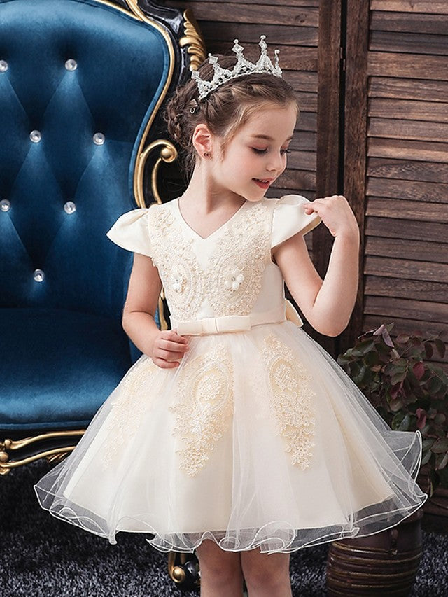 Short Sleeve V Neck Flower Girl Dresses with Tulle Sash Ribbon and Bow Appliques-BallBride