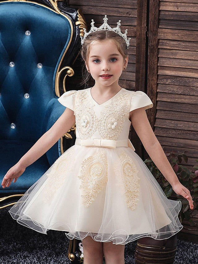 Short Sleeve V Neck Flower Girl Dresses with Tulle Sash Ribbon and Bow Appliques-BallBride