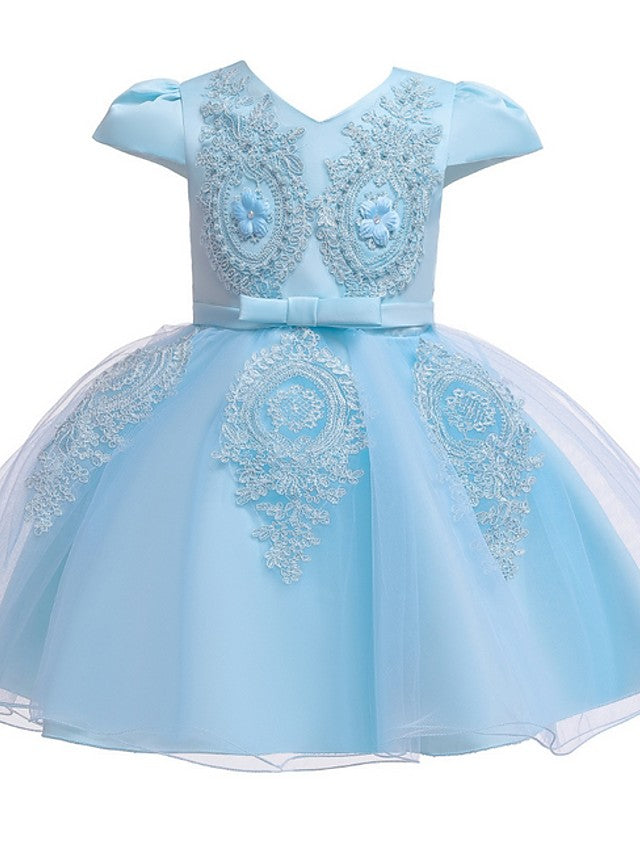 Short Sleeve V Neck Flower Girl Dresses with Tulle Sash Ribbon and Bow Appliques-BallBride