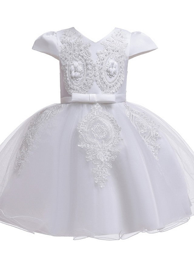 Short Sleeve V Neck Flower Girl Dresses with Tulle Sash Ribbon and Bow Appliques-BallBride