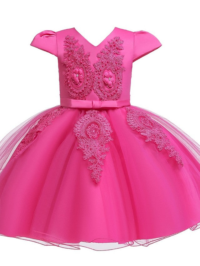 Short Sleeve V Neck Flower Girl Dresses with Tulle Sash Ribbon and Bow Appliques-BallBride