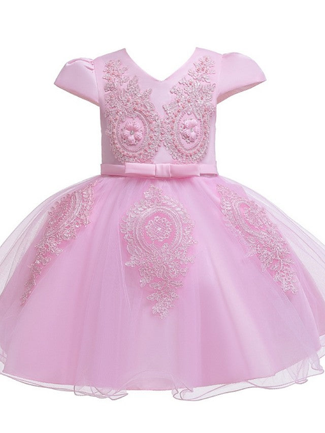 Short Sleeve V Neck Flower Girl Dresses with Tulle Sash Ribbon and Bow Appliques-BallBride