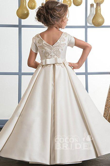 Short Sleeves Ball Gown for Girls | Scoop Neck Flower Dress-BallBride