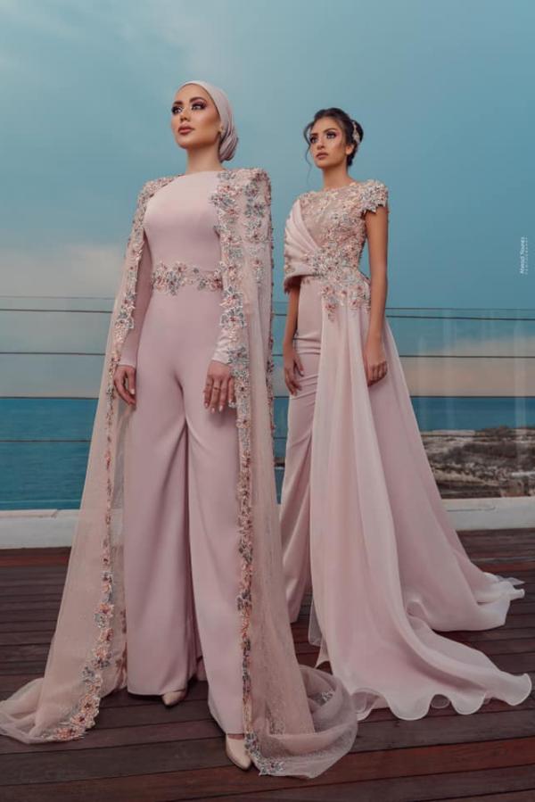 Short Sleeves Dusty Pink Jumpsuit Evening Dress Long Prom Dress with Train-BallBride