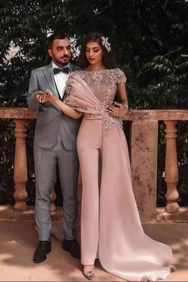 Short Sleeves Dusty Pink Jumpsuit Evening Dress Long Prom Dress with Train-BallBride