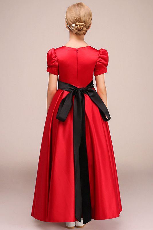 Short Sleeves Jewel Satin Flower Girl Dress with Belt-BallBride