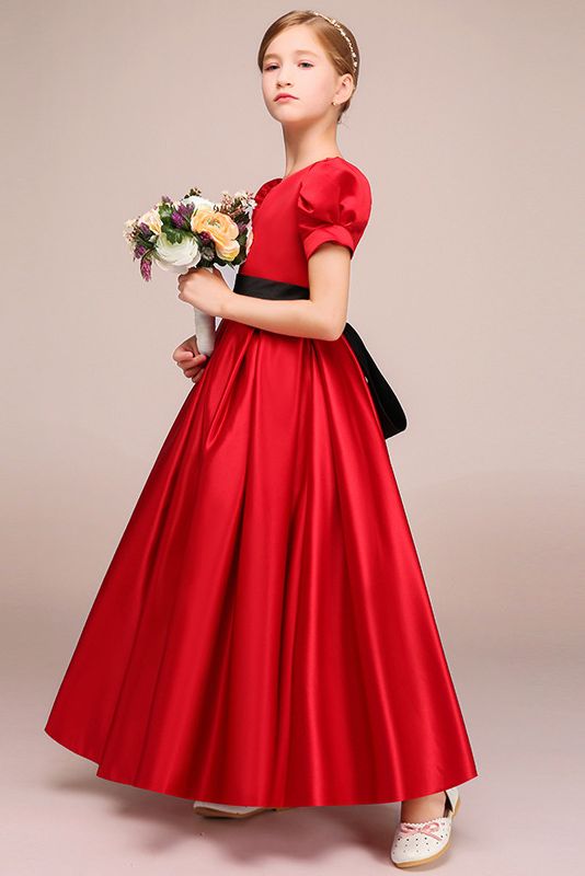 Short Sleeves Jewel Satin Flower Girl Dress with Belt-BallBride