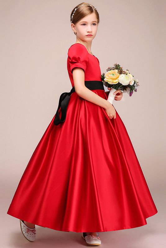 Short Sleeves Jewel Satin Flower Girl Dress with Belt-BallBride