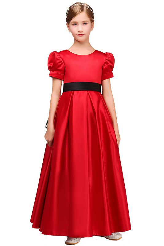 Short Sleeves Jewel Satin Flower Girl Dress with Belt-BallBride