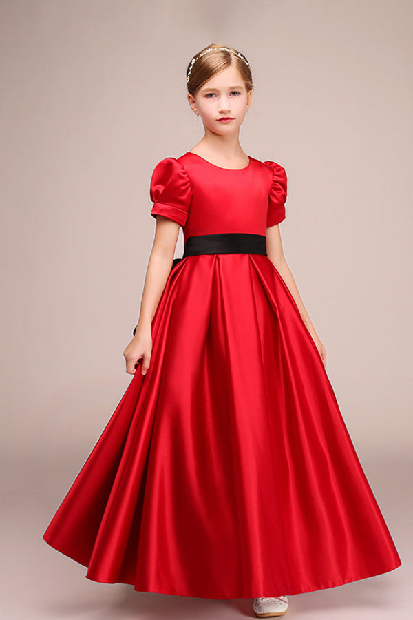 Short Sleeves Jewel Satin Flower Girl Dress with Belt-BallBride