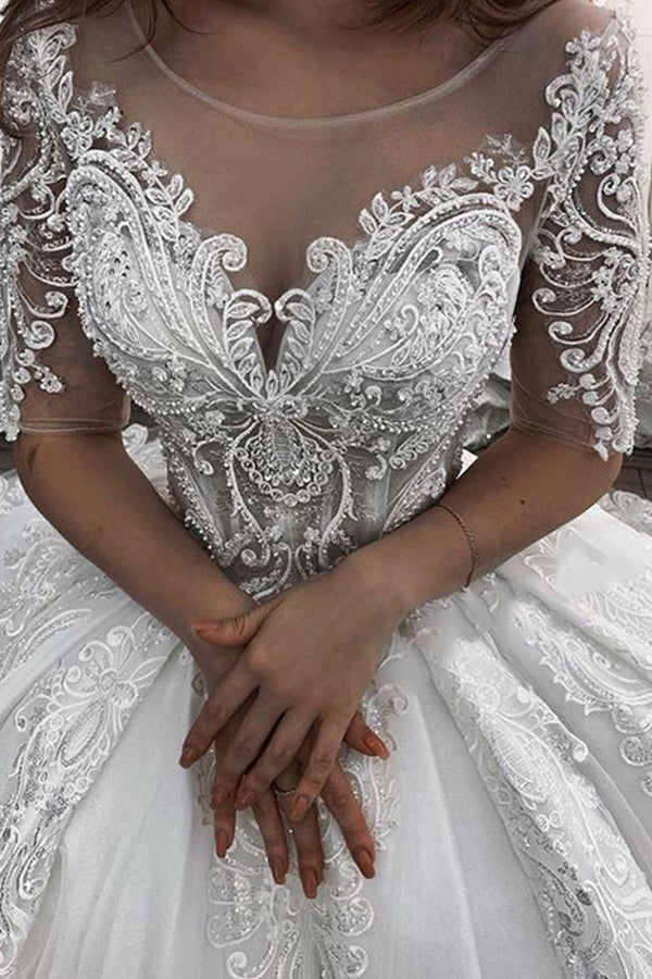 Short Sleeves Sheer Tulle Ball Gown Wedding Dress With Appliques-BallBride