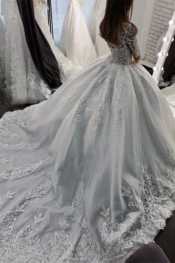 Short Sleeves Sheer Tulle Ball Gown Wedding Dress With Appliques-BallBride