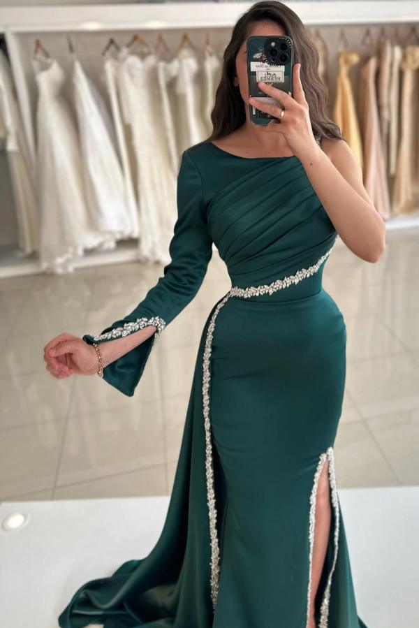 Side Split Mermaid Green One Shoulder Long Sleeve Prom Dress-BallBride