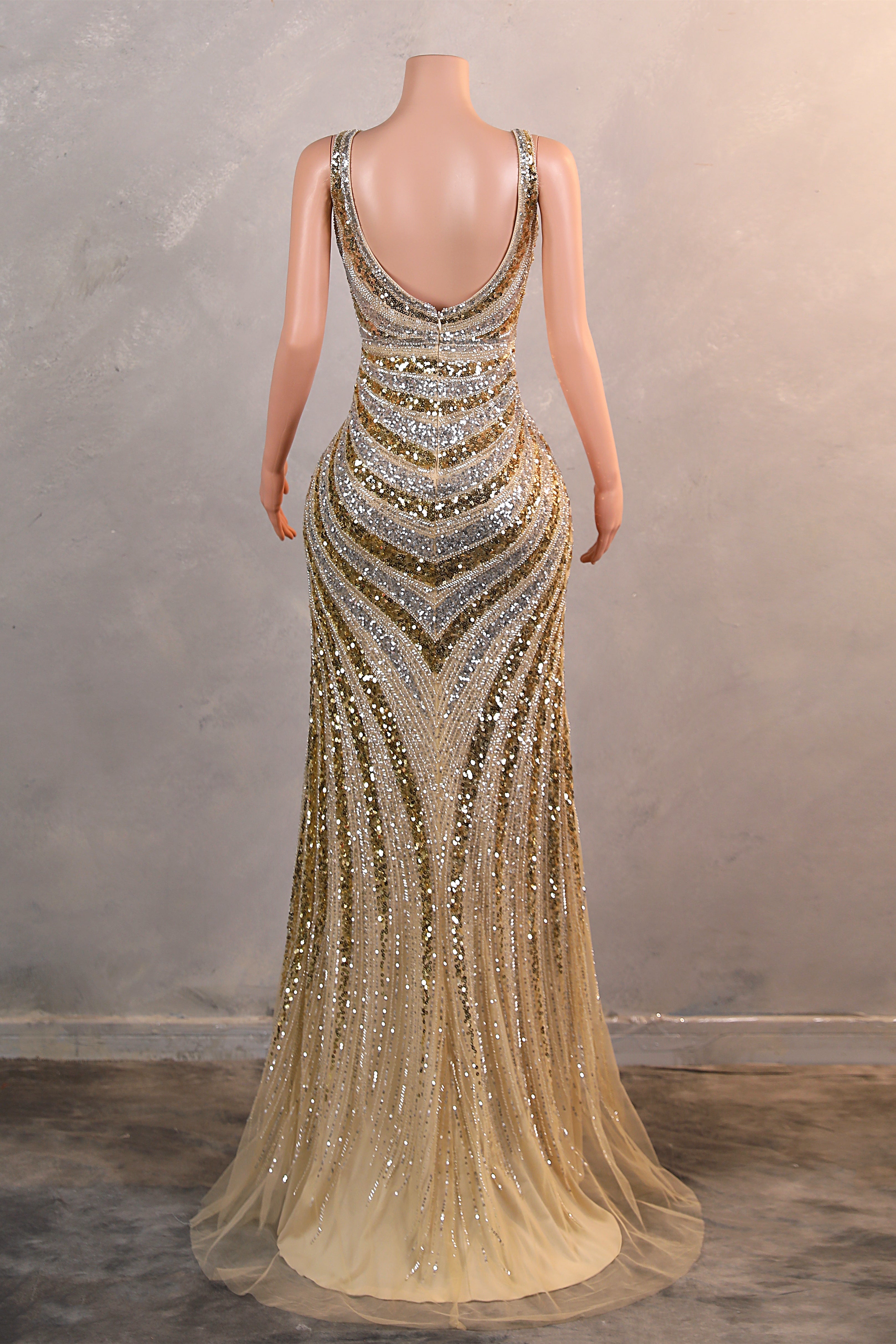 Silver Gold High Split V-neck Sleeveless Mermaid Prom Dresses-BallBride
