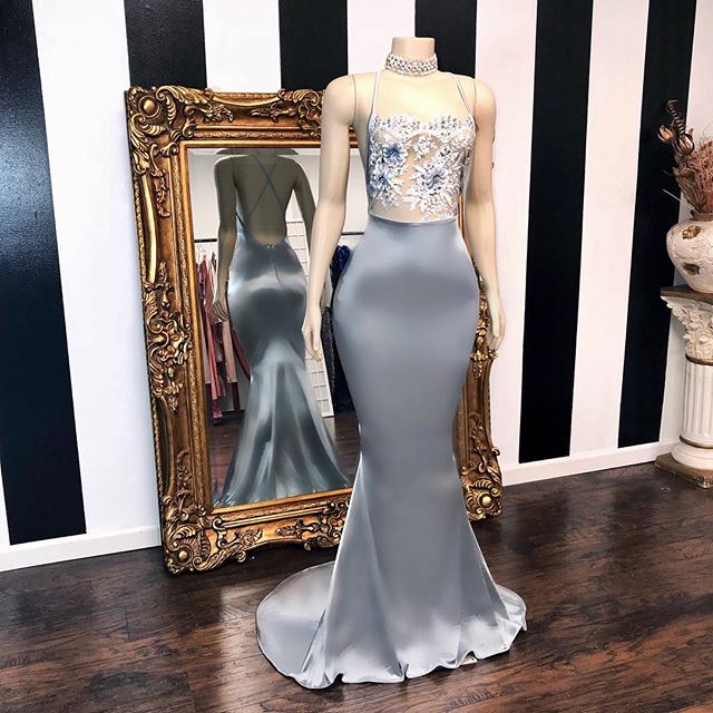 Silver High Neck Criss-Cross Crystal Mermaid Prom Dress-BallBride