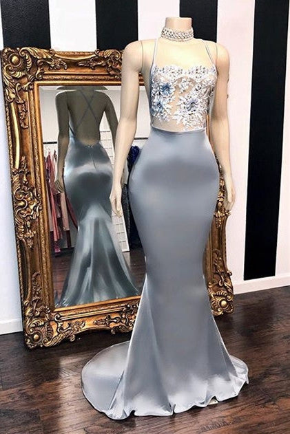 Silver High Neck Criss-Cross Crystal Mermaid Prom Dress-BallBride