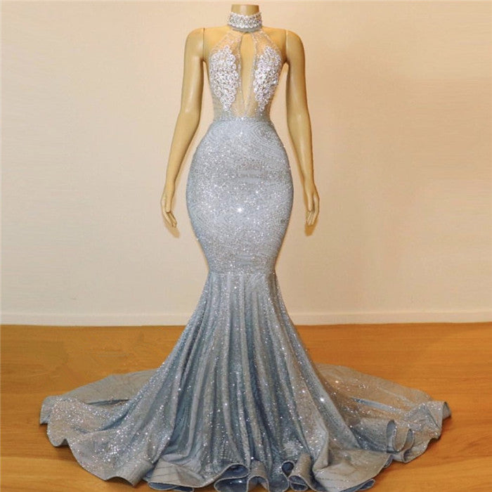Silver High Neck Sequins Appliques Sleeveless Sequins Prom Dress-BallBride