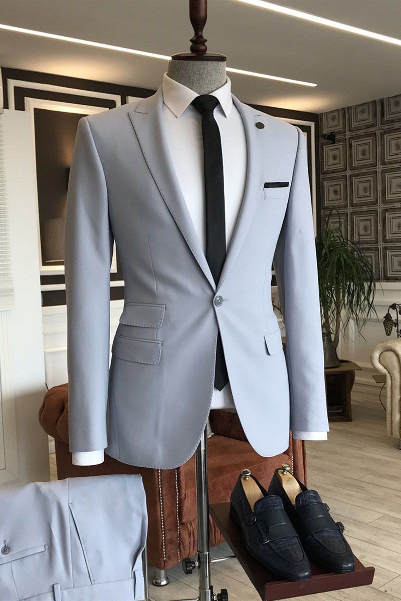 Silver Peaked Lapel Western Suit: Simple One-Button for Weddings-BallBride