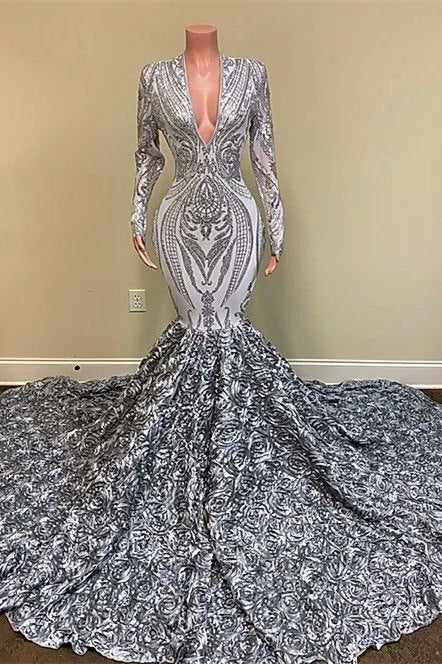 Silver Sequins Lace V-Neck Long Sleeves Prom Dress with Flowers Bottom-BallBride