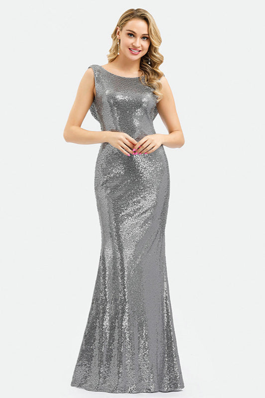 Silver Sequins Mermaid Prom Dress With Dropped Back-BallBride