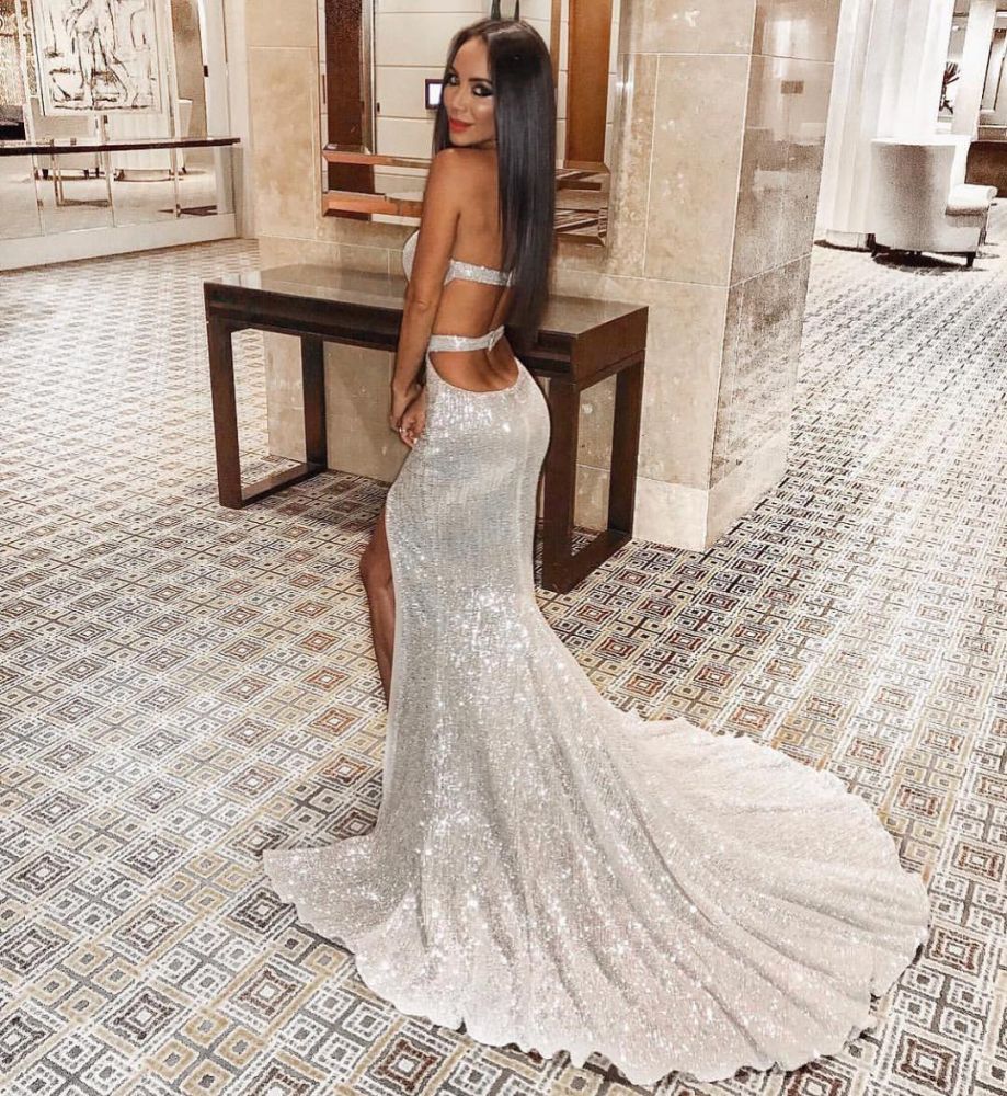 Silver Sequins Sweetheart Open Back Side Slit Prom Dress-BallBride