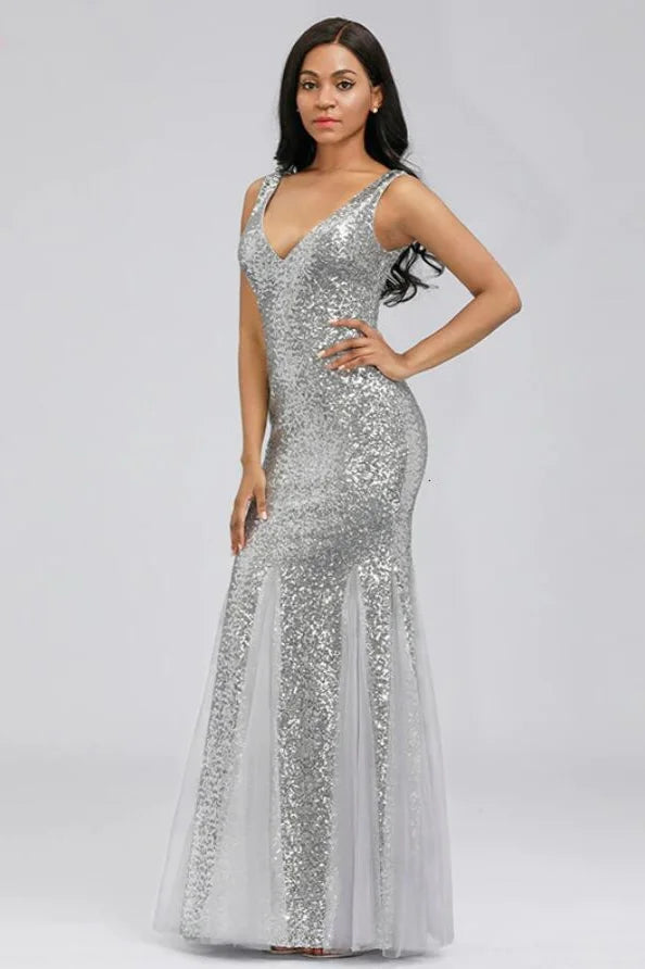 Silver V-Neck Sequins Mermaid Prom Dress Long Evening Party Gowns-BallBride