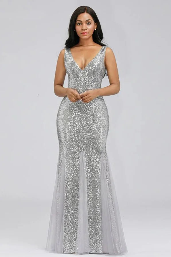 Silver V-Neck Sequins Mermaid Prom Dress Long Evening Party Gowns-BallBride